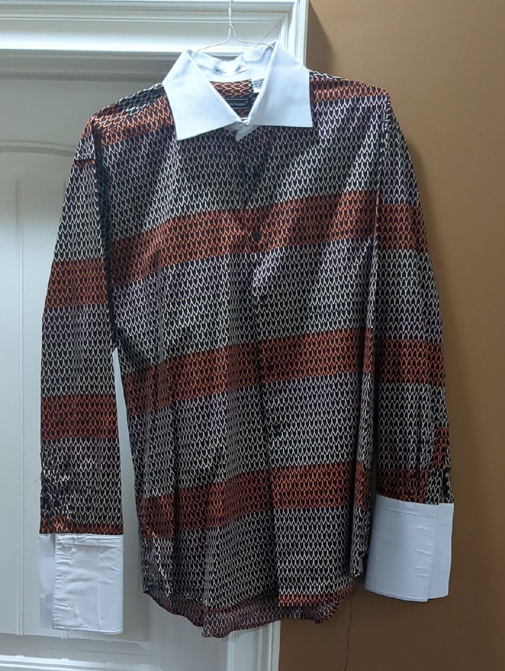 Men's Patterned Button-Up Shirt with White Collar and French Cuffs Sz 17.5 36/37